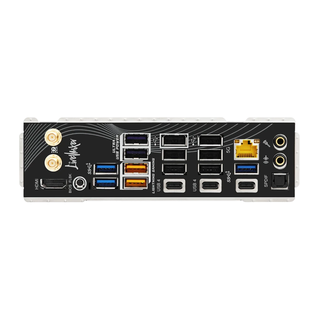 Placa-mãe ASRock X870 LiveMixer WiFi AMD AM5 DDR5 ATX Preto, painel traseiro: portas USB4, HDMI, LAN 5G, antenas WiFi e áudio
