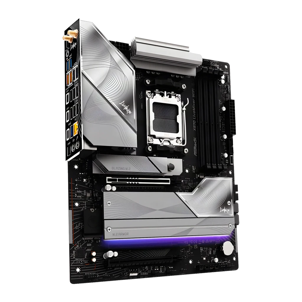 Placa-mãe ASRock X870 LiveMixer WiFi AMD AM5 DDR5 ATX Preto, vista angular: dissipadores prateados, socket AM5, slots DDR5