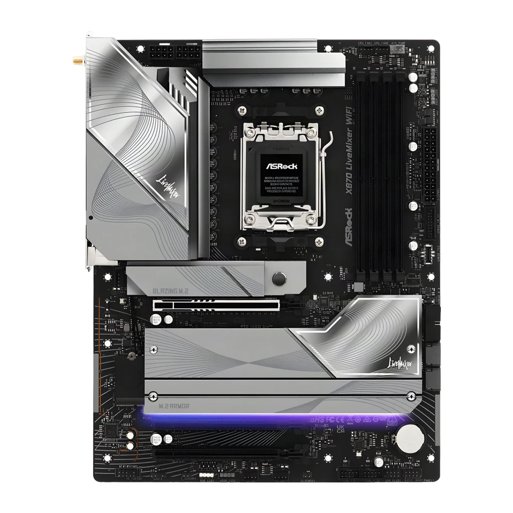 Placa-mãe ASRock X870 LiveMixer WiFi AMD AM5 DDR5 ATX Preto, vista frontal: dissipadores prateados, socket AM5 e RGB