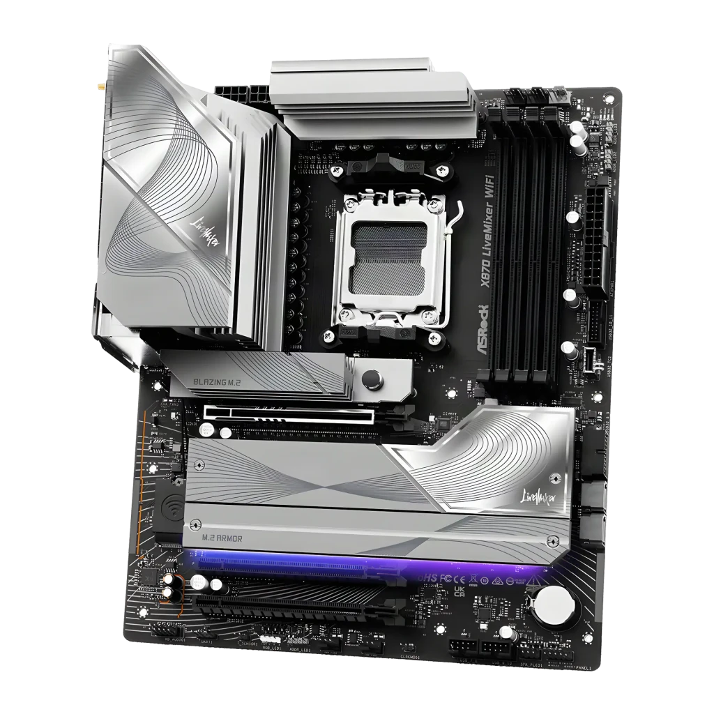 Placa-mãe ASRock X870 LiveMixer WiFi AMD AM5 DDR5 ATX Preto, vista superior: socket AM5, dissipadores prateados, armadura
