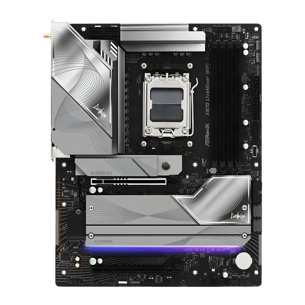 Placa-mãe ASRock X870 LiveMixer WiFi AMD AM5 DDR5 ATX Preto, vista frontal: socket AM5, dissipadores VRM prateados e faixa