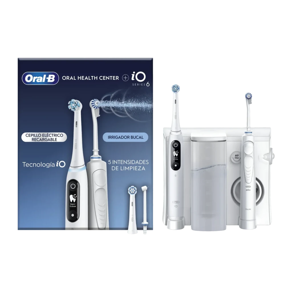 Centro de Limpieza Oral Oral-B OxyJet + iO6 5 Modos 2 Cabezales Blanco, vista frontal: caja y conjunto cepillo eléctrico iO6