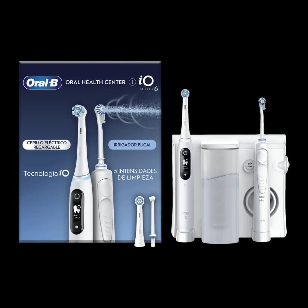 Centro de Limpieza Oral Oral-B OxyJet + iO6 5 Modos 2 Cabezales Blanco, vista frontal: caja y conjunto cepillo eléctrico iO6