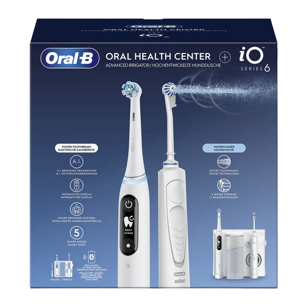 Centro de Limpieza Oral Oral-B OxyJet + iO6 5 Modos 2 Cabezales Blanco, caja: frontal del packaging con cepillo iO6