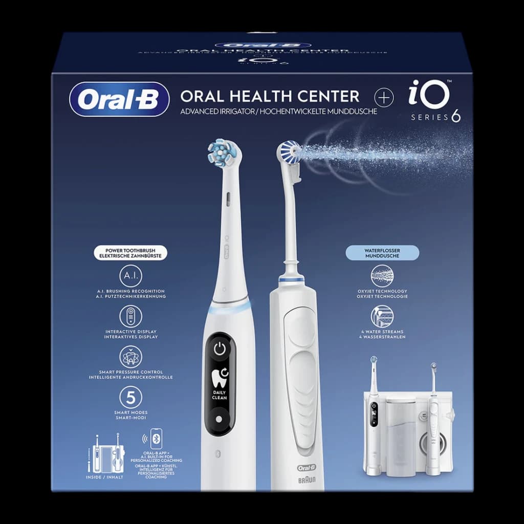 Centro de Limpieza Oral Oral-B OxyJet + iO6 5 Modos 2 Cabezales Blanco, caja: frontal del packaging con cepillo iO6