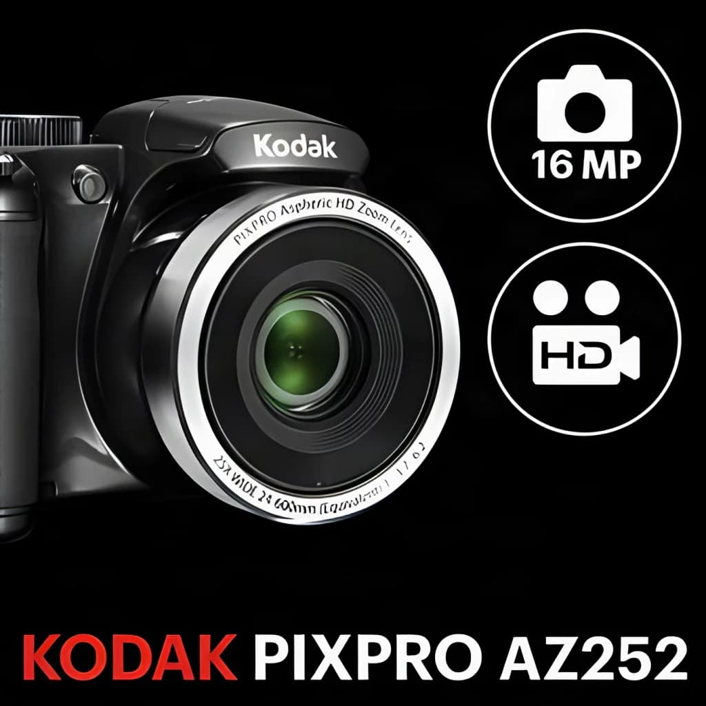Appareil bridge Kodak PIXPRO AZ252 Noir CCD 1/2.3 pouces 16MP, face avant: objectif zoom HD et icônes 16MP et vidéo HD