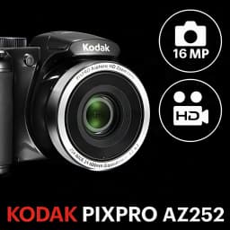 Appareil bridge Kodak PIXPRO AZ252 Noir CCD 1/2.3 pouces 16MP, face avant: objectif zoom HD et icônes 16MP et vidéo HD