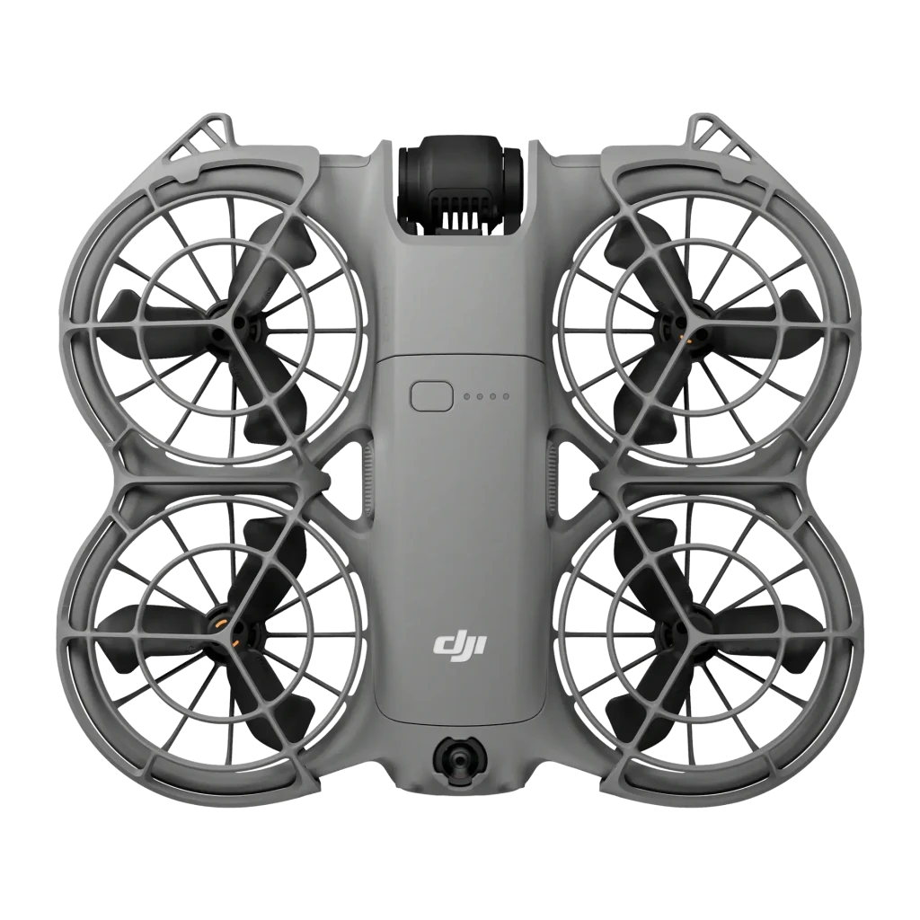 Drone DJI Neo 2 Gris 2.7K 60fps 12MP WiFi 6, vue du dessus: 4 hélices avec protections, caméra frontale et logo DJI