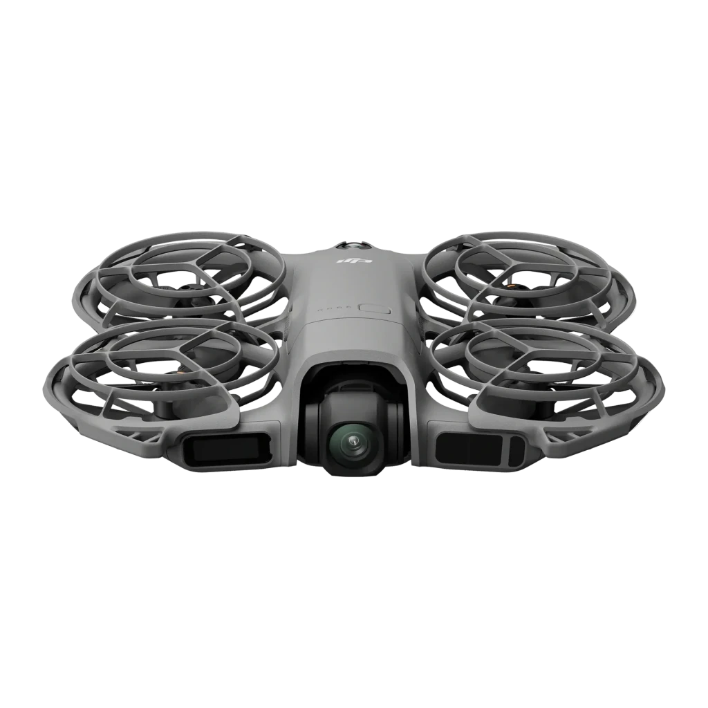Drone DJI Neo 2 Gris 2.7K 60fps 12MP WiFi 6, vue avant: caméra grand angle et quatre hélices avec protections