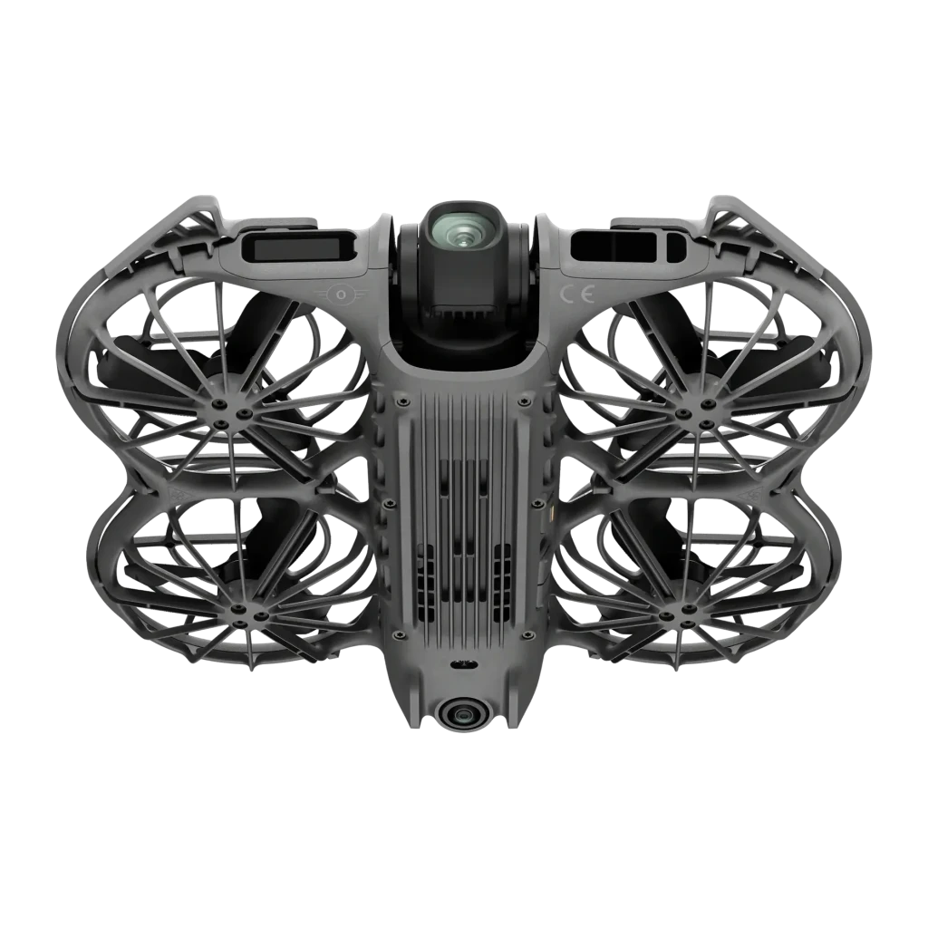 Drone DJI Neo 2 Gris 2.7K 60fps 12MP WiFi 6, vue avant: caméra grand-angle centrale et quatre hélices avec protections