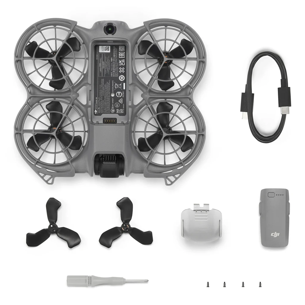 Drone DJI Neo 2 Gris 2.7K 60fps 12MP WiFi 6, contenu boîte: drone vue dessus, hélices, batterie, câble USB-C et tournevis
