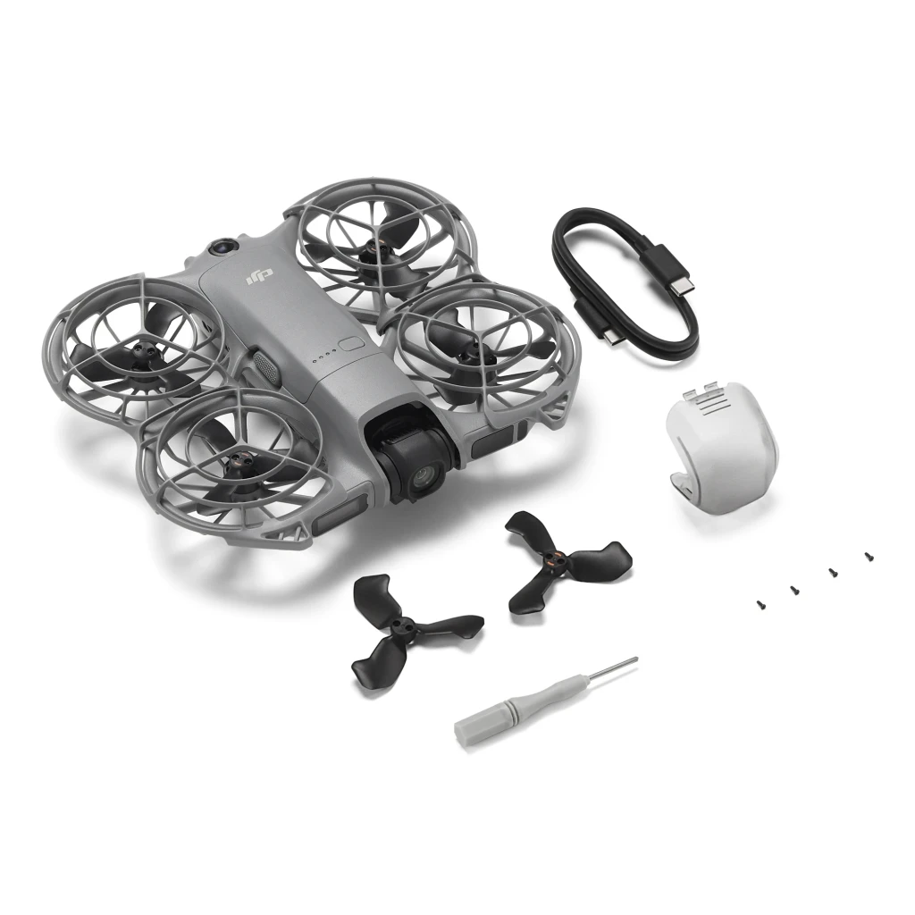 Drone DJI Neo 2 Gris 2.7K 60fps 12MP WiFi 6, contenu boîte: drone, hélices, batterie, câble USB-C et tournevis