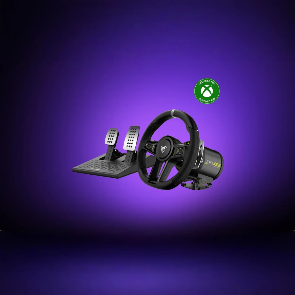 Volante de carreras Turtle Beach VelocityOne Race KD3 Direct Drive Xbox/PC Negro, en uso: volante y pedales metálicos