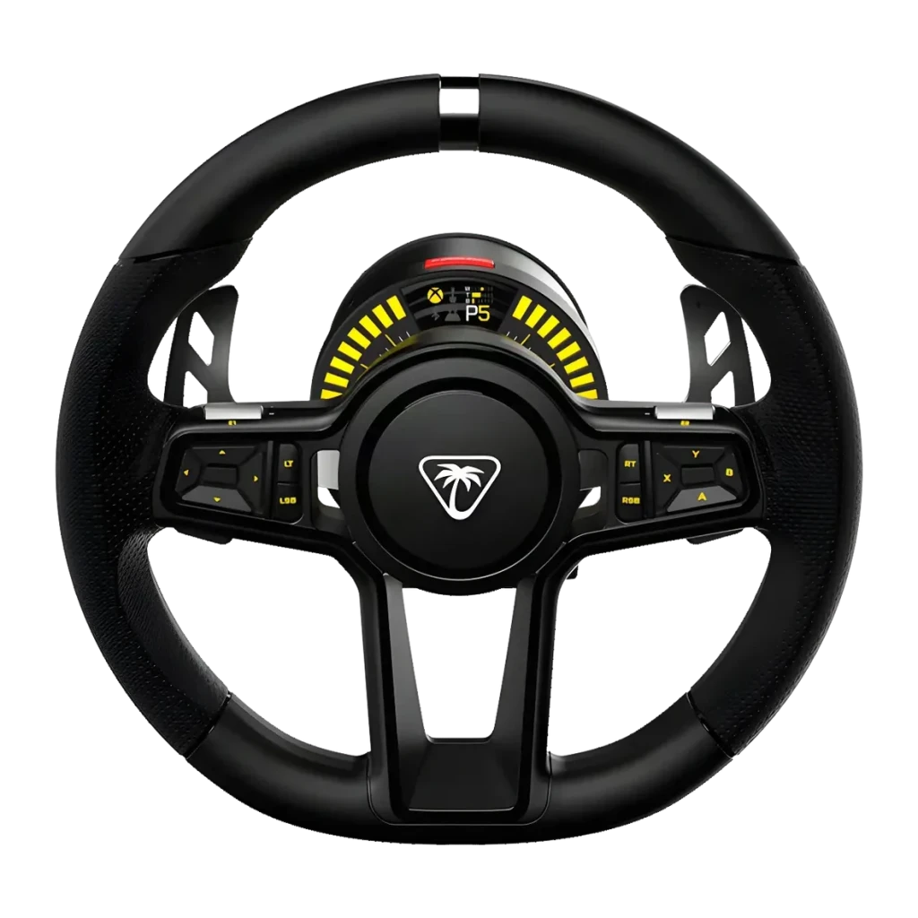 Volante de carreras Turtle Beach VelocityOne Race KD3 Direct Drive Xbox/PC Negro, vista frontal: panel central con LEDs