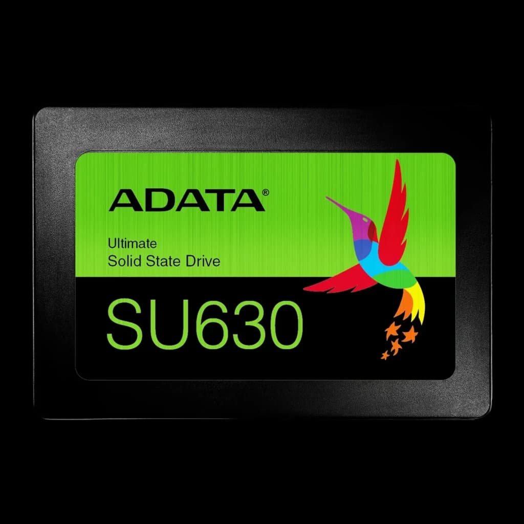 SSD ADATA Ultimate SU630 240Go 2.5 pouces SATA Noir, vue avant: étiquette verte avec logo colibri et modèle SU630