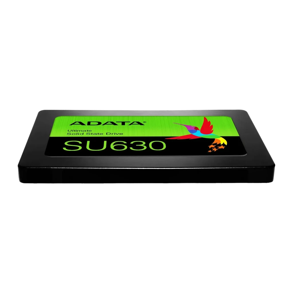SSD ADATA Ultimate SU630 240Go 2.5 pouces SATA Noir, vue latérale: boîtier noir avec étiquette verte et colibri
