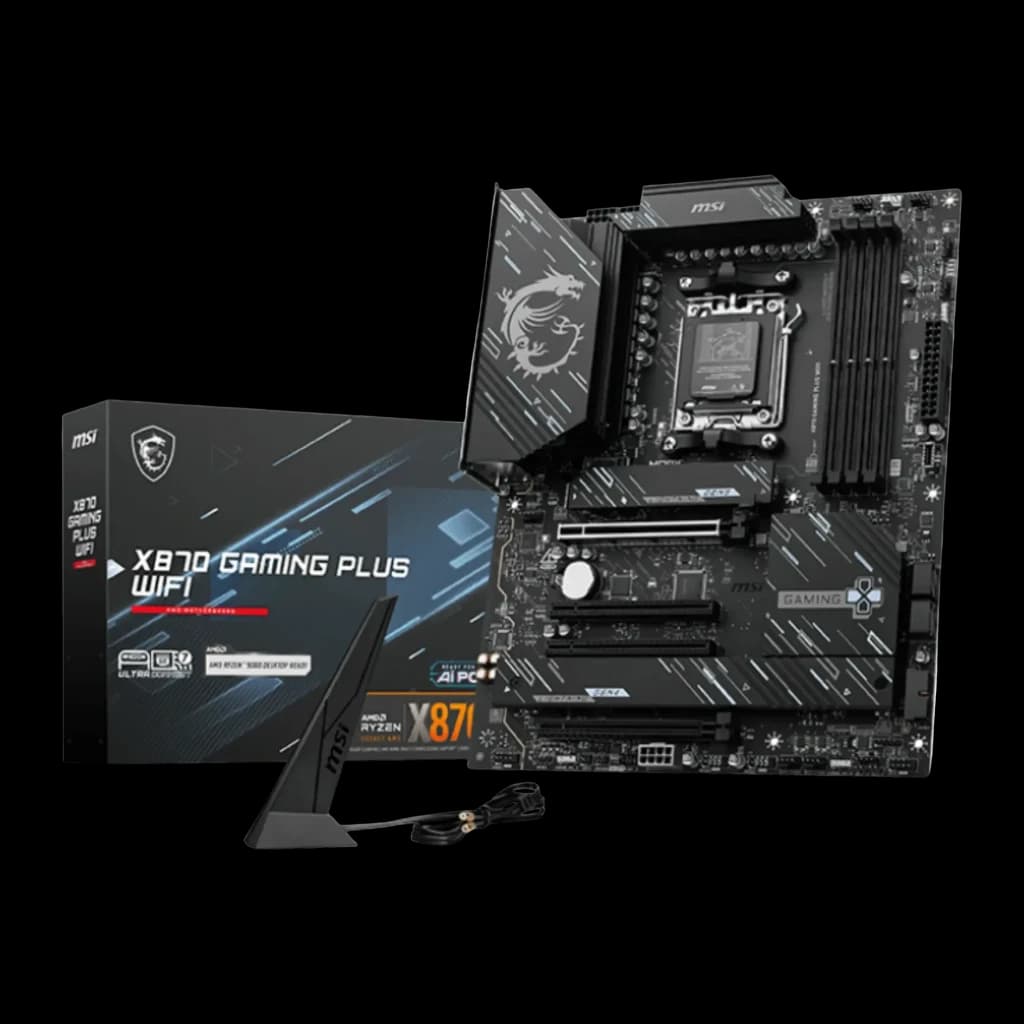 Carte mère MSI X870 Gaming Plus WiFi AMD AM5 DDR5 ATX Noir, vue avant: carte, boîte et antenne WiFi
