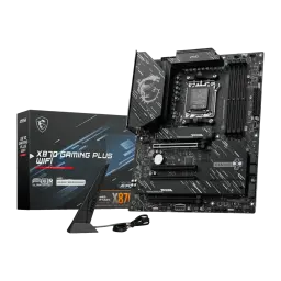 Carte mère MSI X870 Gaming Plus WiFi AMD AM5 DDR5 ATX Noir, vue avant: carte, boîte et antenne WiFi