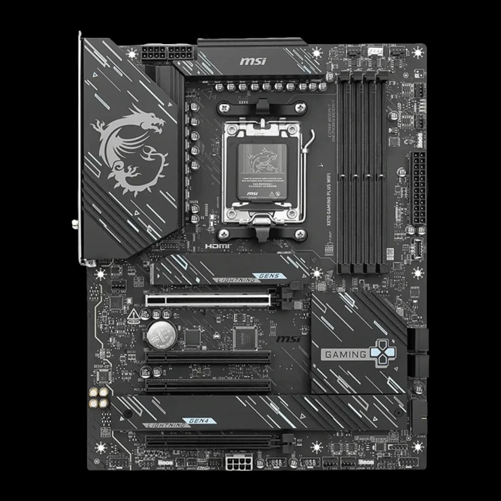 Carte mère MSI X870 Gaming Plus WiFi AMD AM5 DDR5 ATX Noir, vue de face: socket AM5, slots DDR5, PCIe Gen5 et logo dragon