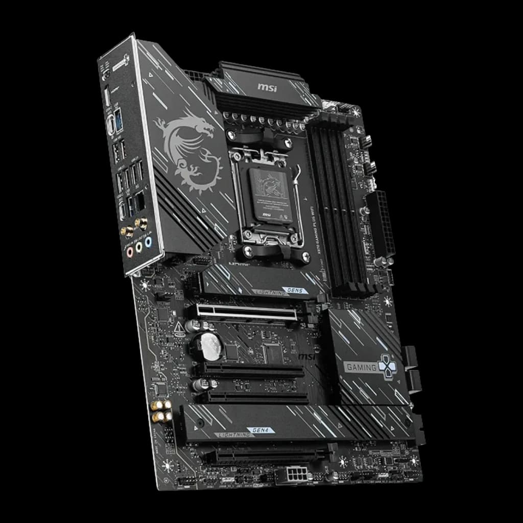 Carte mère MSI X870 Gaming Plus WiFi AMD AM5 DDR5 ATX Noir, vue en perspective: socket AM5, slots DDR5, slots PCIe
