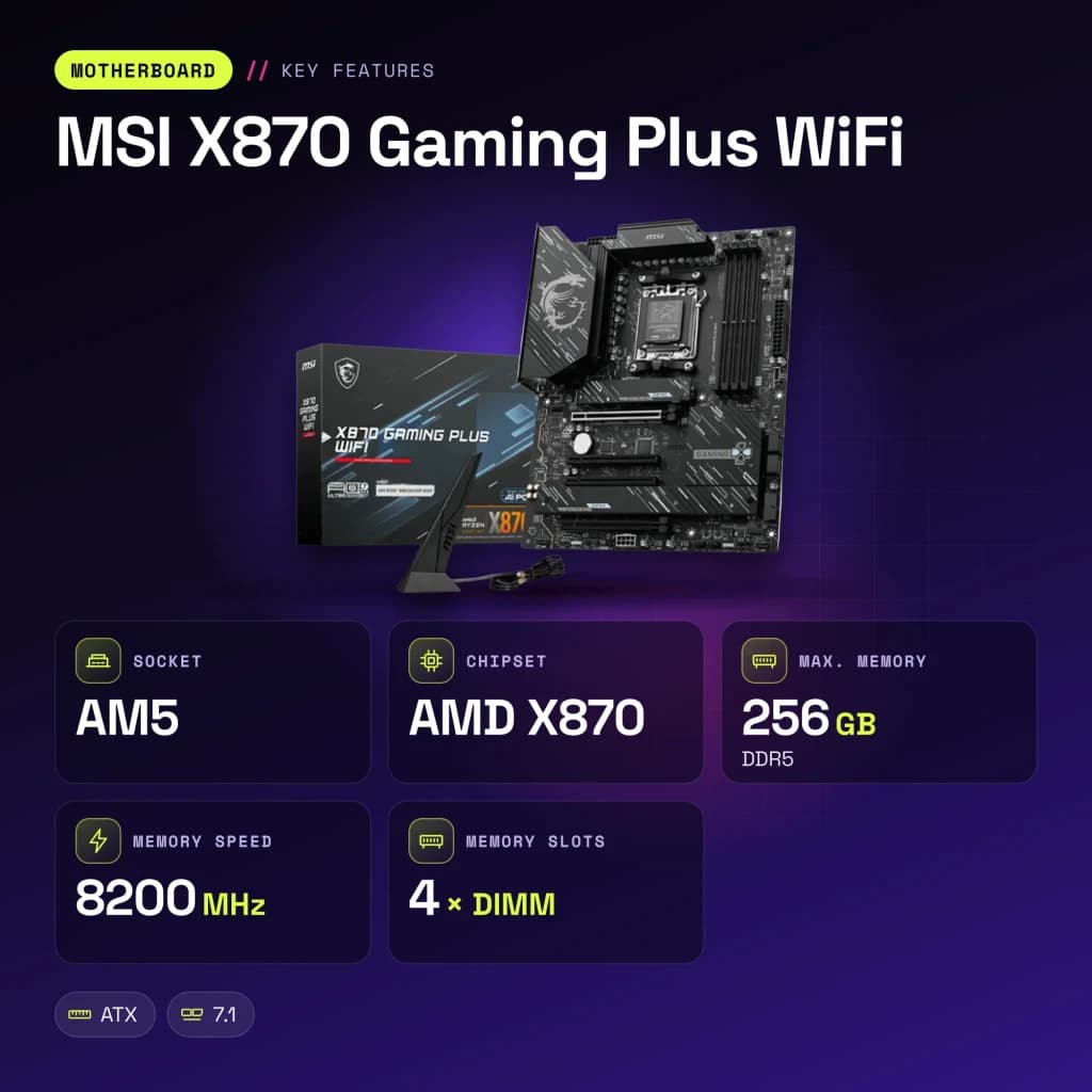 Carte mère MSI X870 Gaming Plus WiFi AMD AM5 DDR5 ATX Noir - caractéristiques