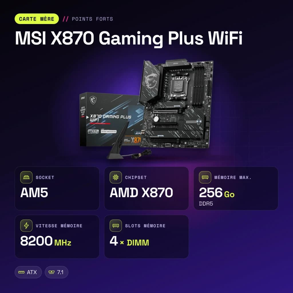 Carte mère MSI X870 Gaming Plus WiFi AMD AM5 DDR5 ATX Noir - caractéristiques