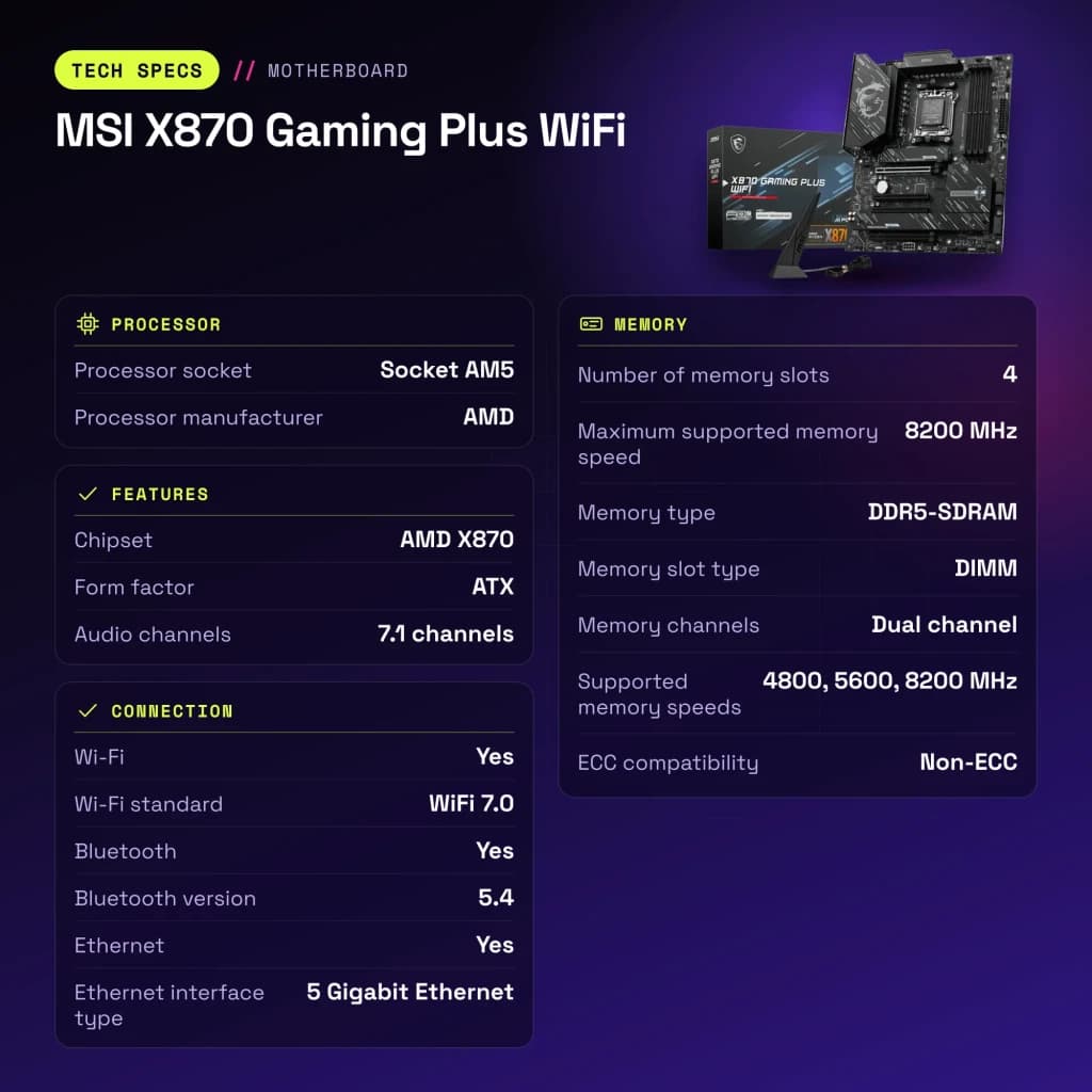 Carte mère MSI X870 Gaming Plus WiFi AMD AM5 DDR5 ATX Noir - caractéristiques