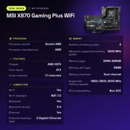 Carte mère MSI X870 Gaming Plus WiFi AMD AM5 DDR5 ATX Noir - caractéristiques