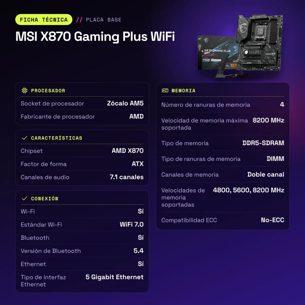 Carte mère MSI X870 Gaming Plus WiFi AMD AM5 DDR5 ATX Noir - caractéristiques