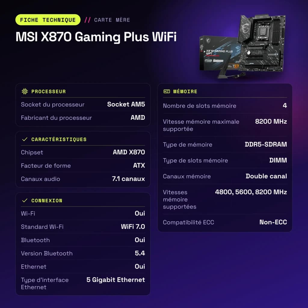 Carte mère MSI X870 Gaming Plus WiFi AMD AM5 DDR5 ATX Noir - caractéristiques
