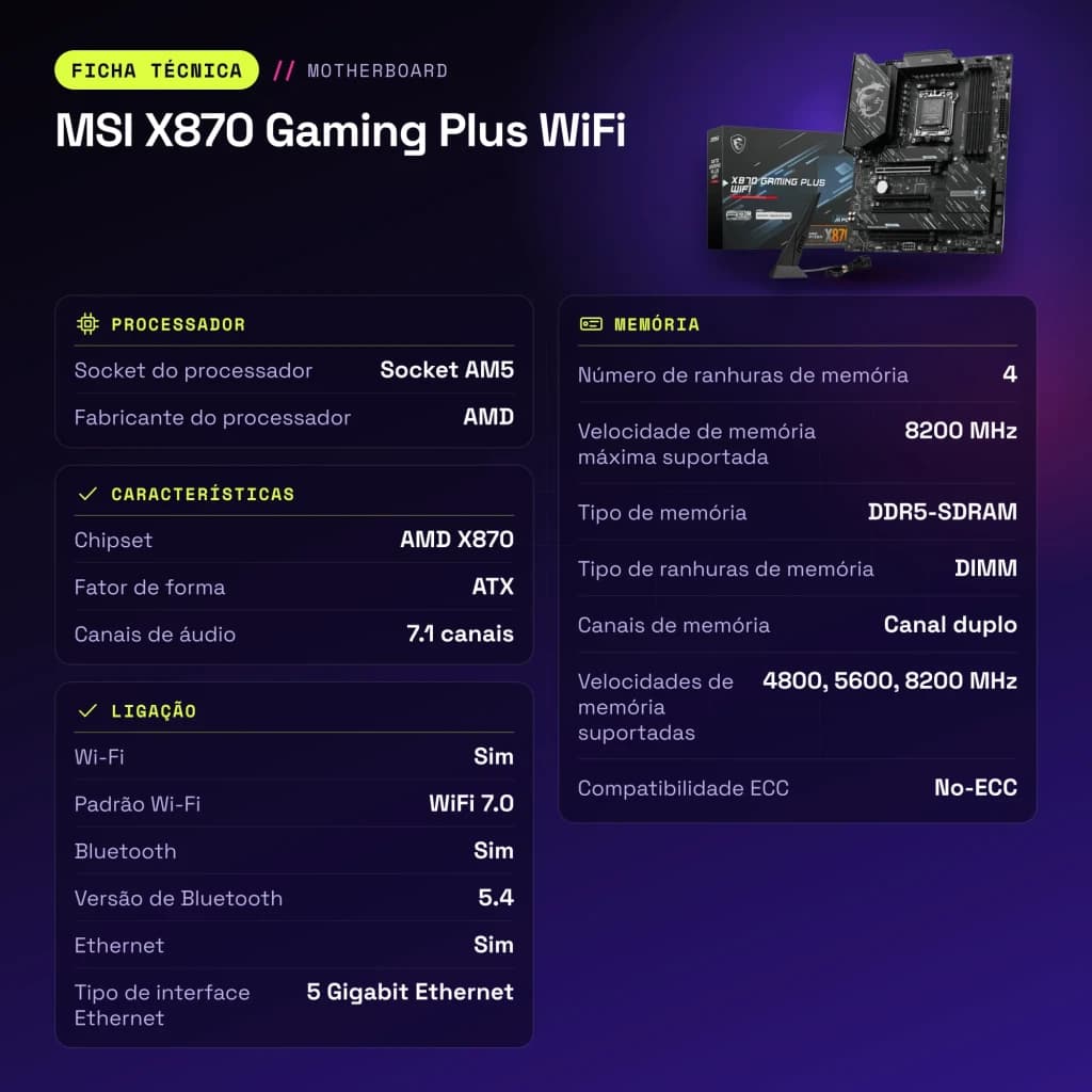 Carte mère MSI X870 Gaming Plus WiFi AMD AM5 DDR5 ATX Noir - caractéristiques