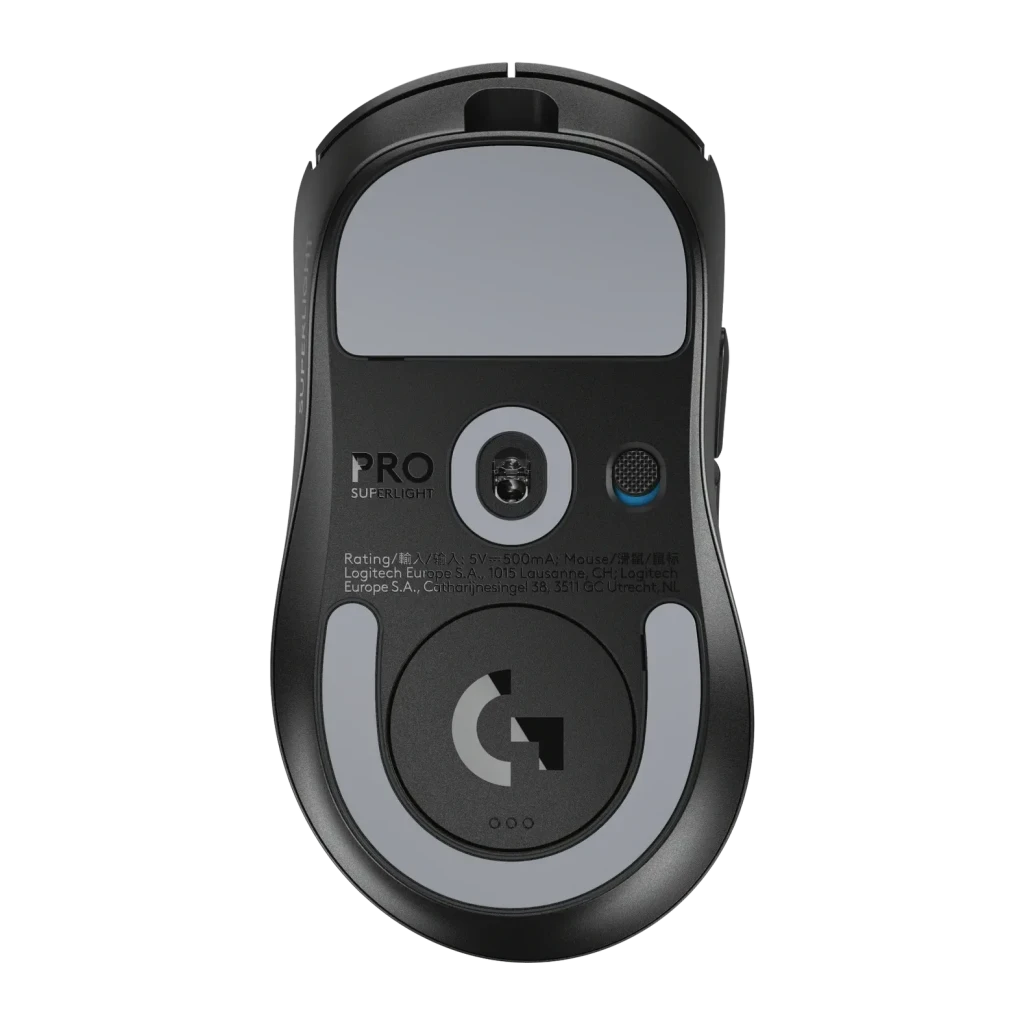Souris Gaming Logitech G PRO X Superlight 2 DEX Sans Fil LIGHTSPEED 44000 DPI Noir, vue dessous: capteur optique, logo G