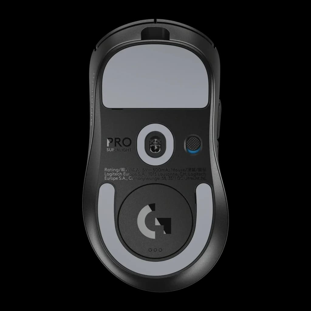 Souris Gaming Logitech G PRO X Superlight 2 DEX Sans Fil LIGHTSPEED 44000 DPI Noir, vue dessous: capteur optique, logo G