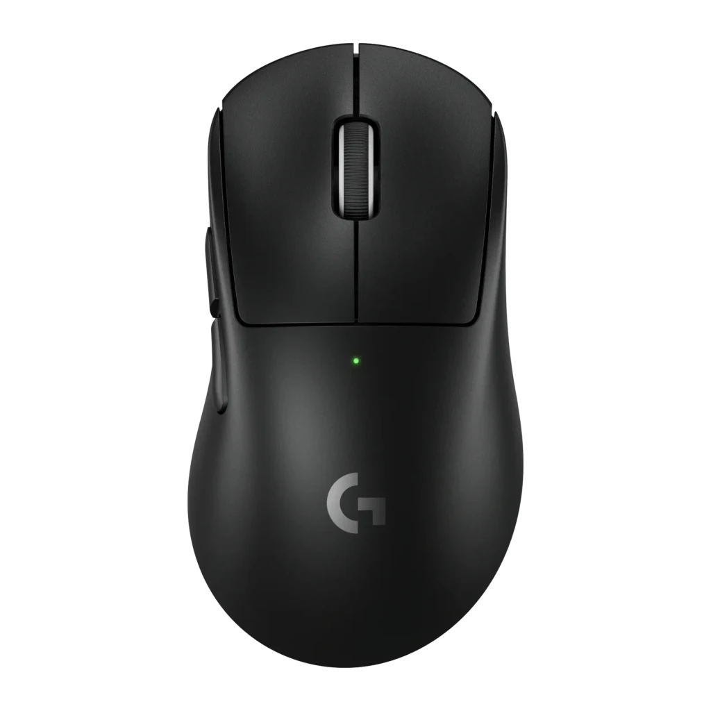 Souris Gaming Logitech G PRO X Superlight 2 DEX Sans Fil LIGHTSPEED 44000 DPI Noir, vue dessus: molette, LED verte et logo G