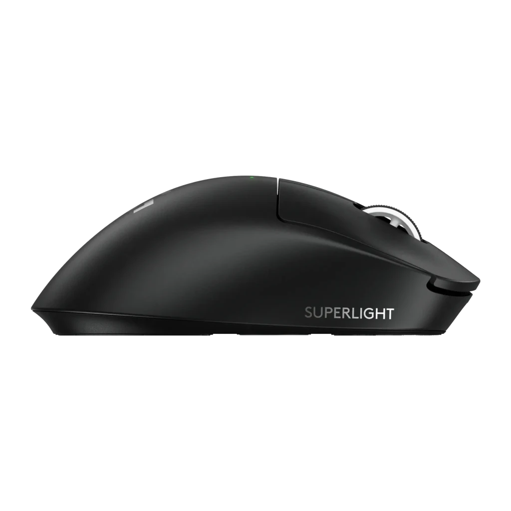 Souris Gaming Logitech G PRO X Superlight 2 DEX Sans Fil LIGHTSPEED 44000 DPI Noir, vue latérale: profil gauche avec logo