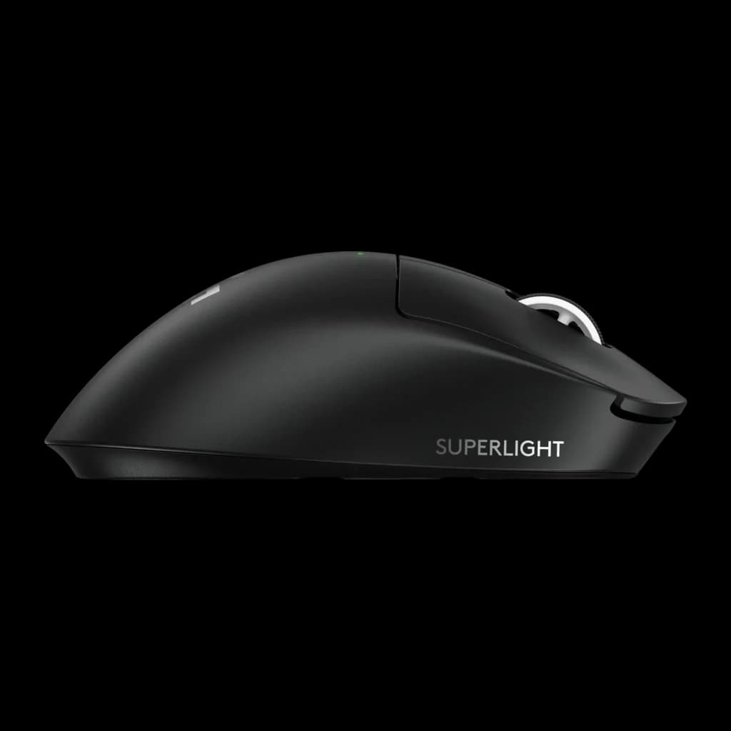 Souris Gaming Logitech G PRO X Superlight 2 DEX Sans Fil LIGHTSPEED 44000 DPI Noir, vue latérale: profil gauche avec logo