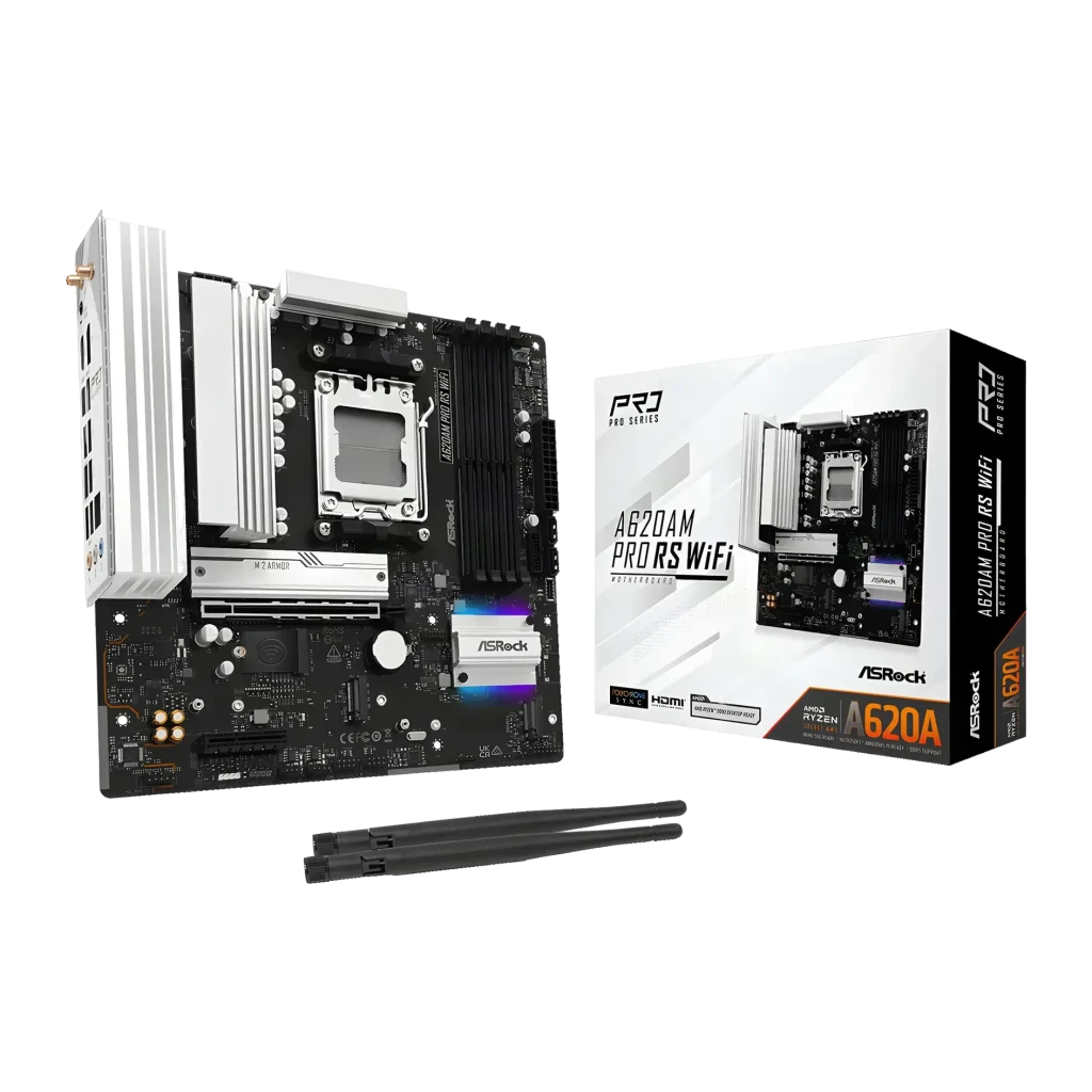 Placa-mãe ASRock A620AM Pro RS WiFi AMD A620 AM5 DDR5 Micro ATX Preto, vista frontal: placa com dissipadores brancos, socket