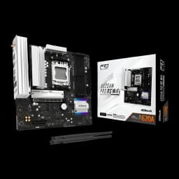 Placa-mãe ASRock A620AM Pro RS WiFi AMD A620 AM5 DDR5 Micro ATX Preto, vista frontal: placa com dissipadores brancos, socket