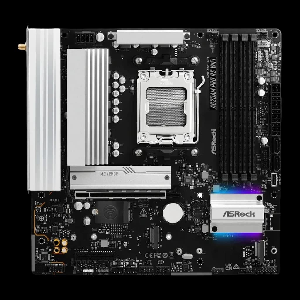 Placa-mãe ASRock A620AM Pro RS WiFi AMD A620 AM5 DDR5 Micro ATX Preto, vista frontal: socket AM5, dissipadores prateados