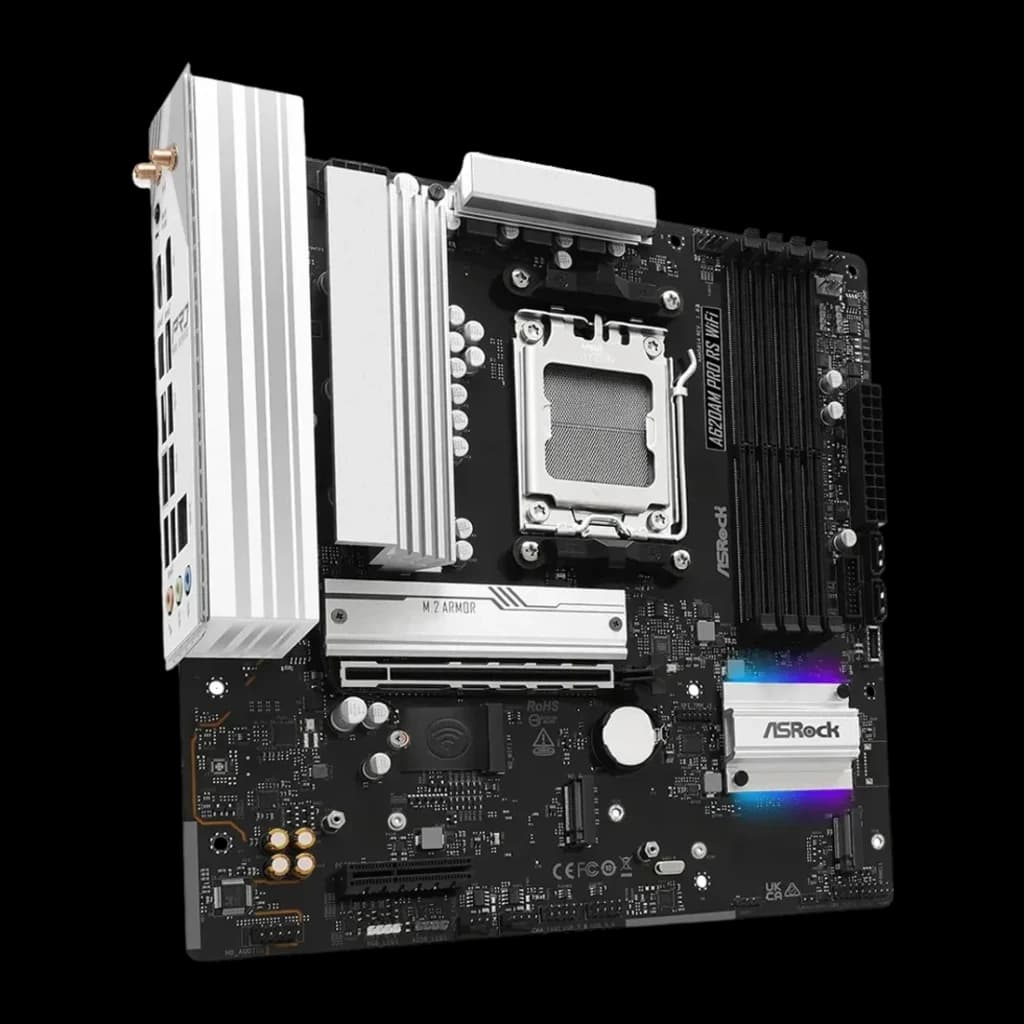Placa-mãe ASRock A620AM Pro RS WiFi AMD A620 AM5 DDR5 Micro ATX Preto, vista diagonal: socket AM5, dissipadores brancos
