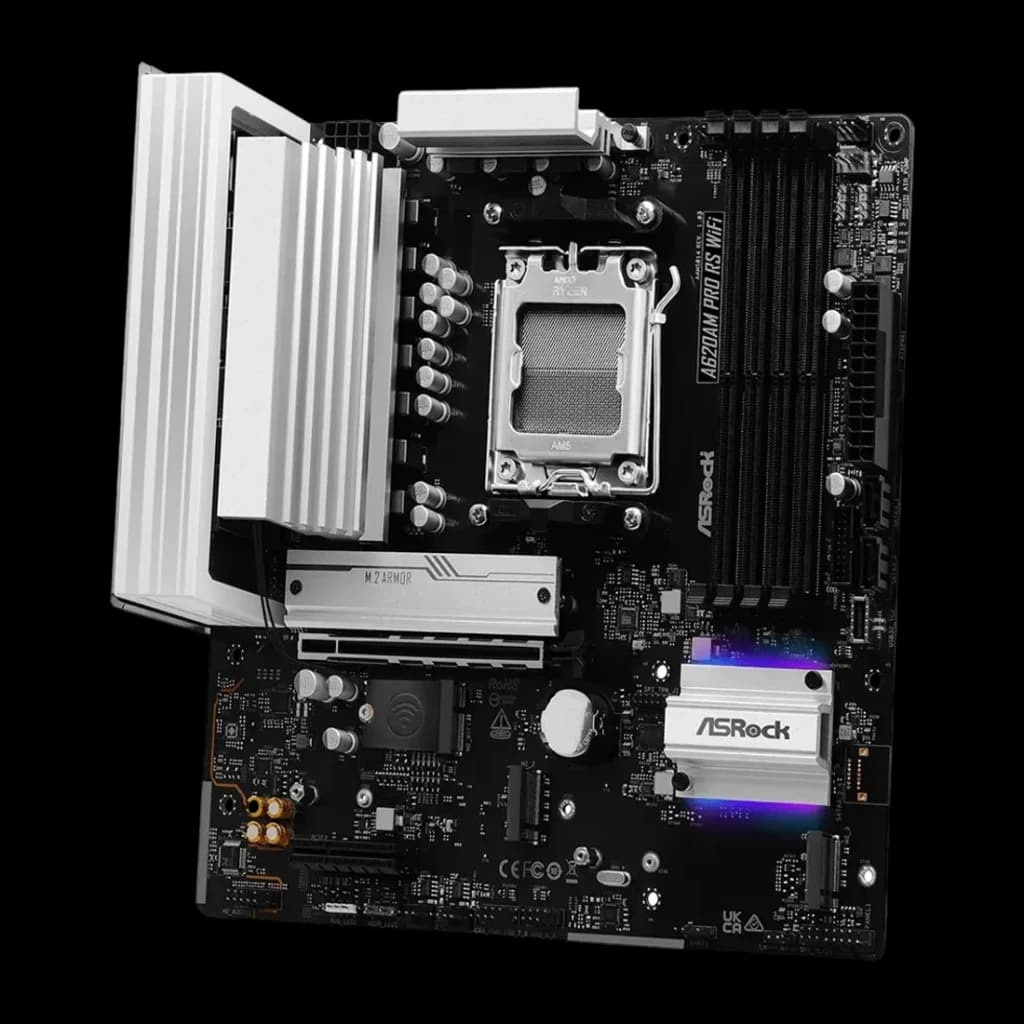 Placa-mãe ASRock A620AM Pro RS WiFi AMD A620 AM5 DDR5 Micro ATX Preto, vista frontal em ângulo: socket AM5, dissipadores