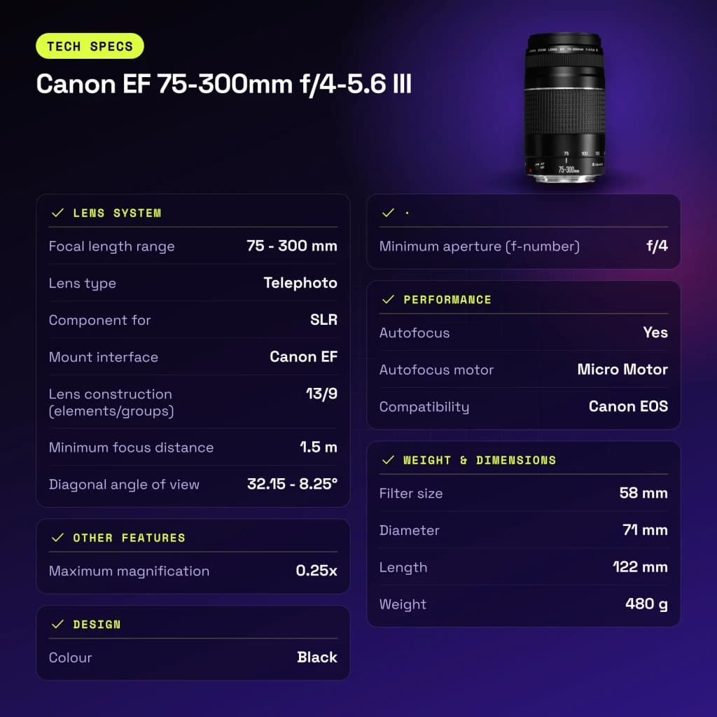Objectif photo Canon EF 75-300mm f/4-5.6 III Noir - caractéristiques