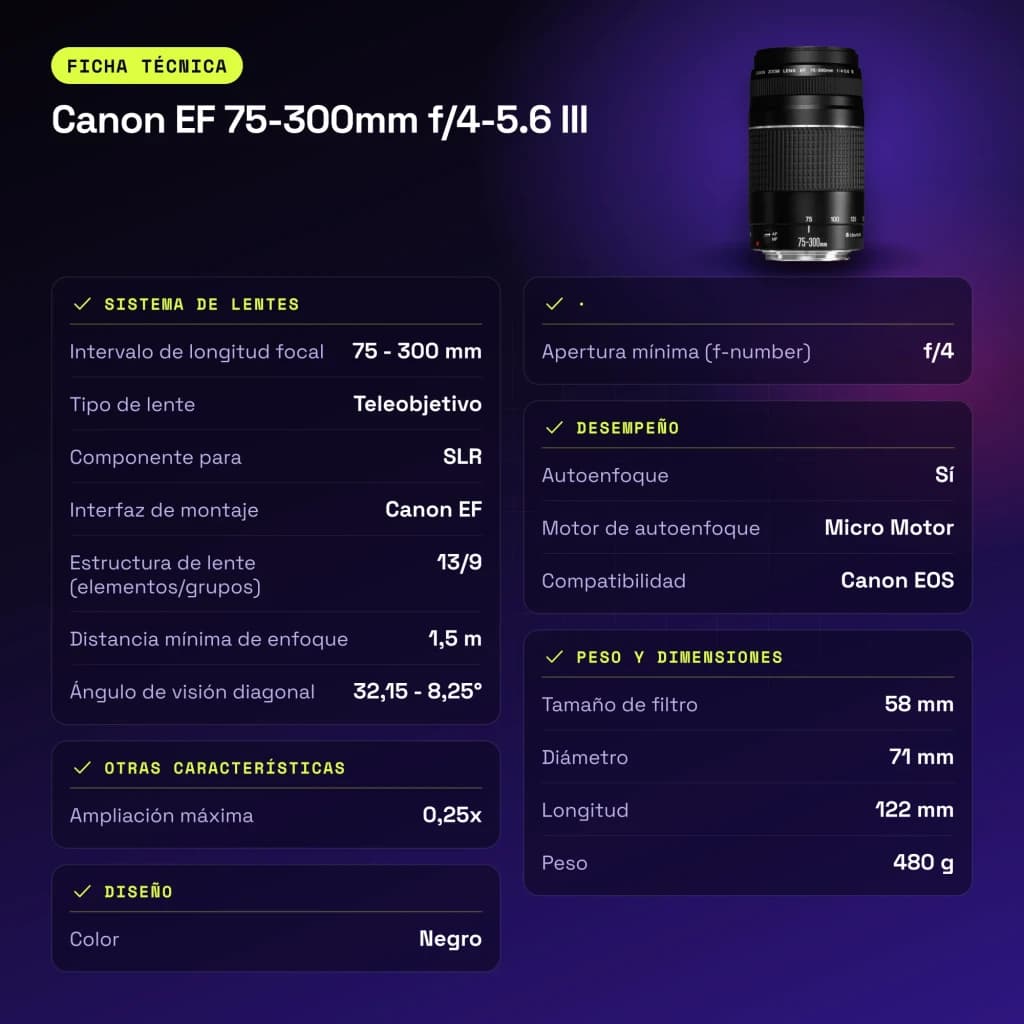Objectif photo Canon EF 75-300mm f/4-5.6 III Noir - caractéristiques