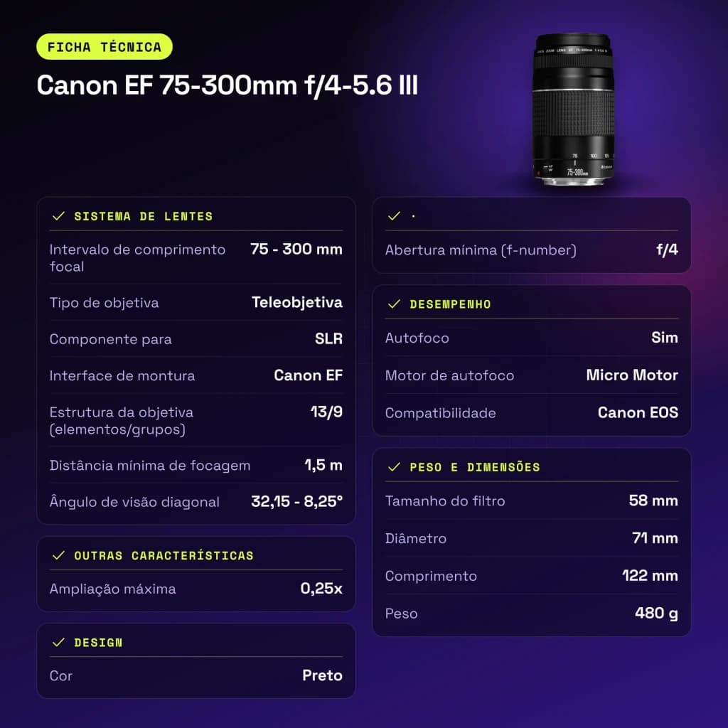Objectif photo Canon EF 75-300mm f/4-5.6 III Noir - caractéristiques