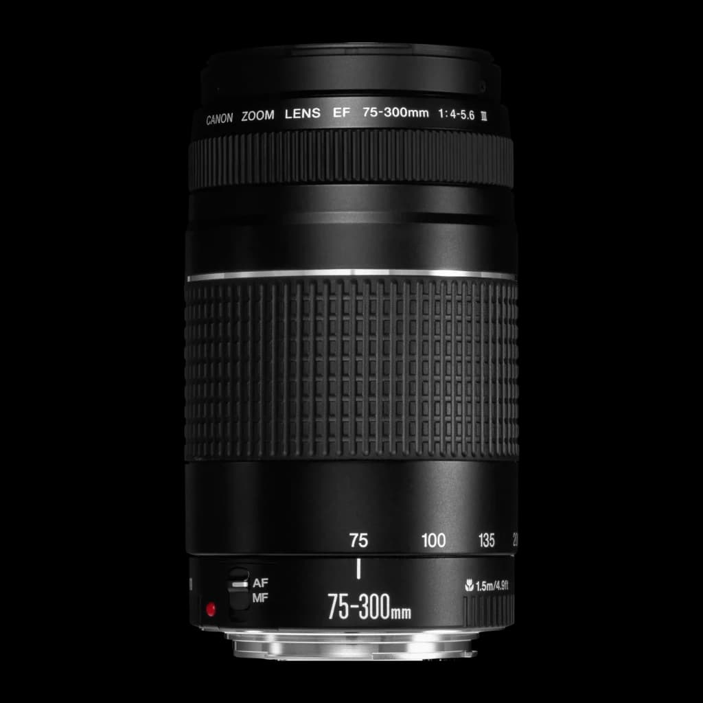 Objectif photo Canon EF 75-300mm f/4-5.6 III Noir, vue de face: fût noir avec bague zoom texturée et graduation focale