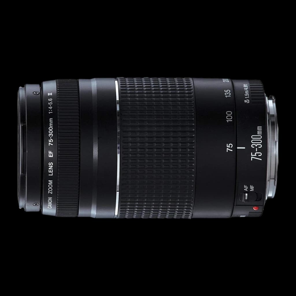 Objectif photo Canon EF 75-300mm f/4-5.6 III Noir, vue latérale: fût étendu avec bague de zoom et échelle des distances