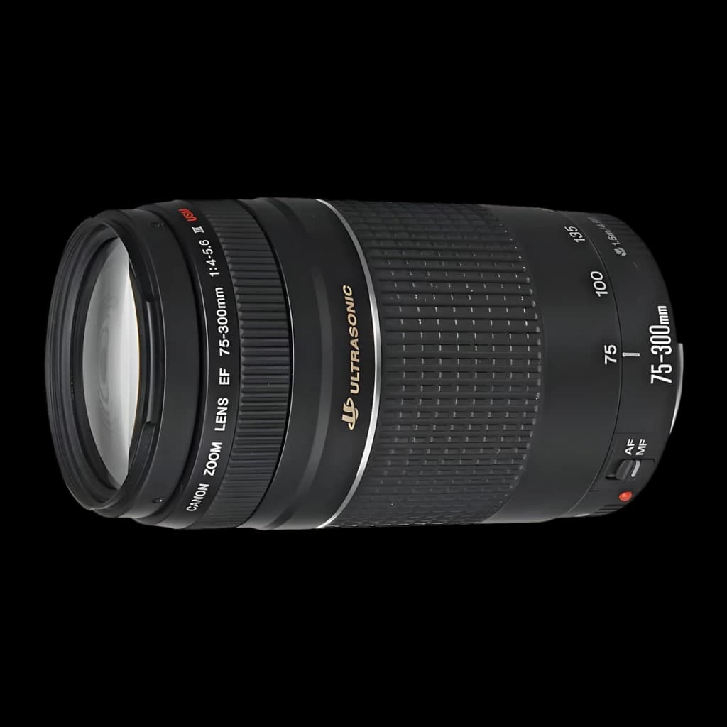 Objectif photo Canon EF 75-300mm f/4-5.6 III Noir, vue latérale: bague de zoom, inscription Ultrasonic et échelle focale