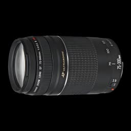 Objectif photo Canon EF 75-300mm f/4-5.6 III Noir, vue latérale: bague de zoom, inscription Ultrasonic et échelle focale