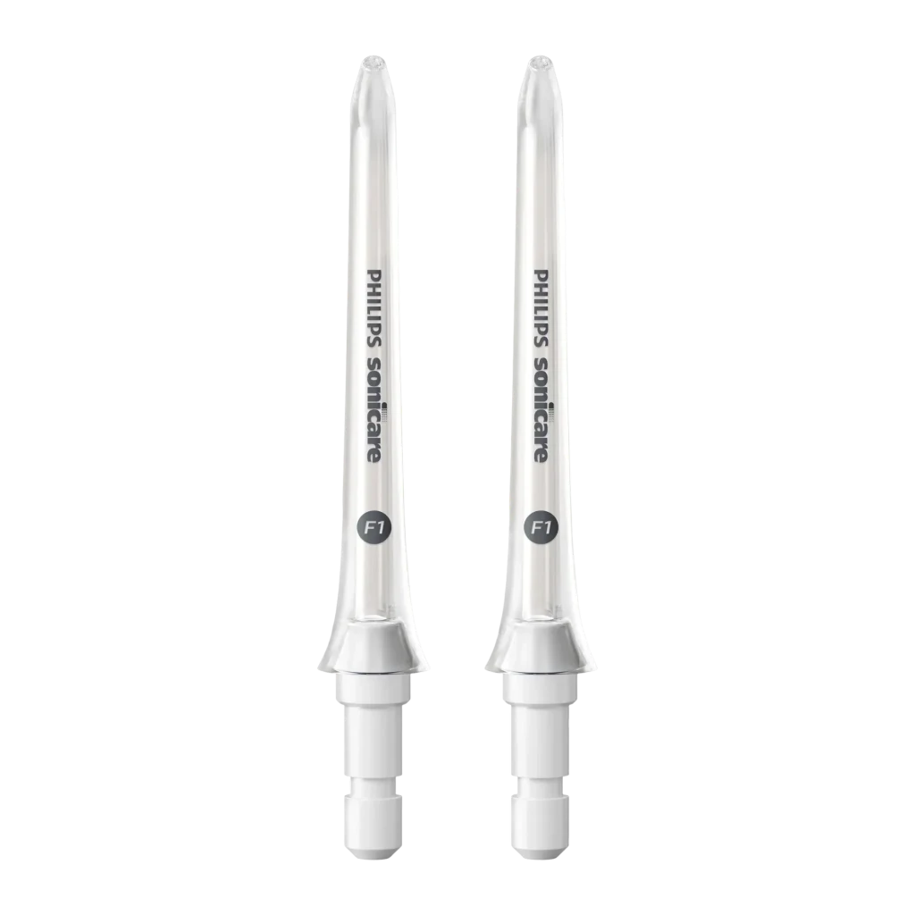 Cabezales de repuesto Philips Sonicare 360° rotación Pack 2 unidades Blanco HX3042/00, vista frontal: dos boquillas F1