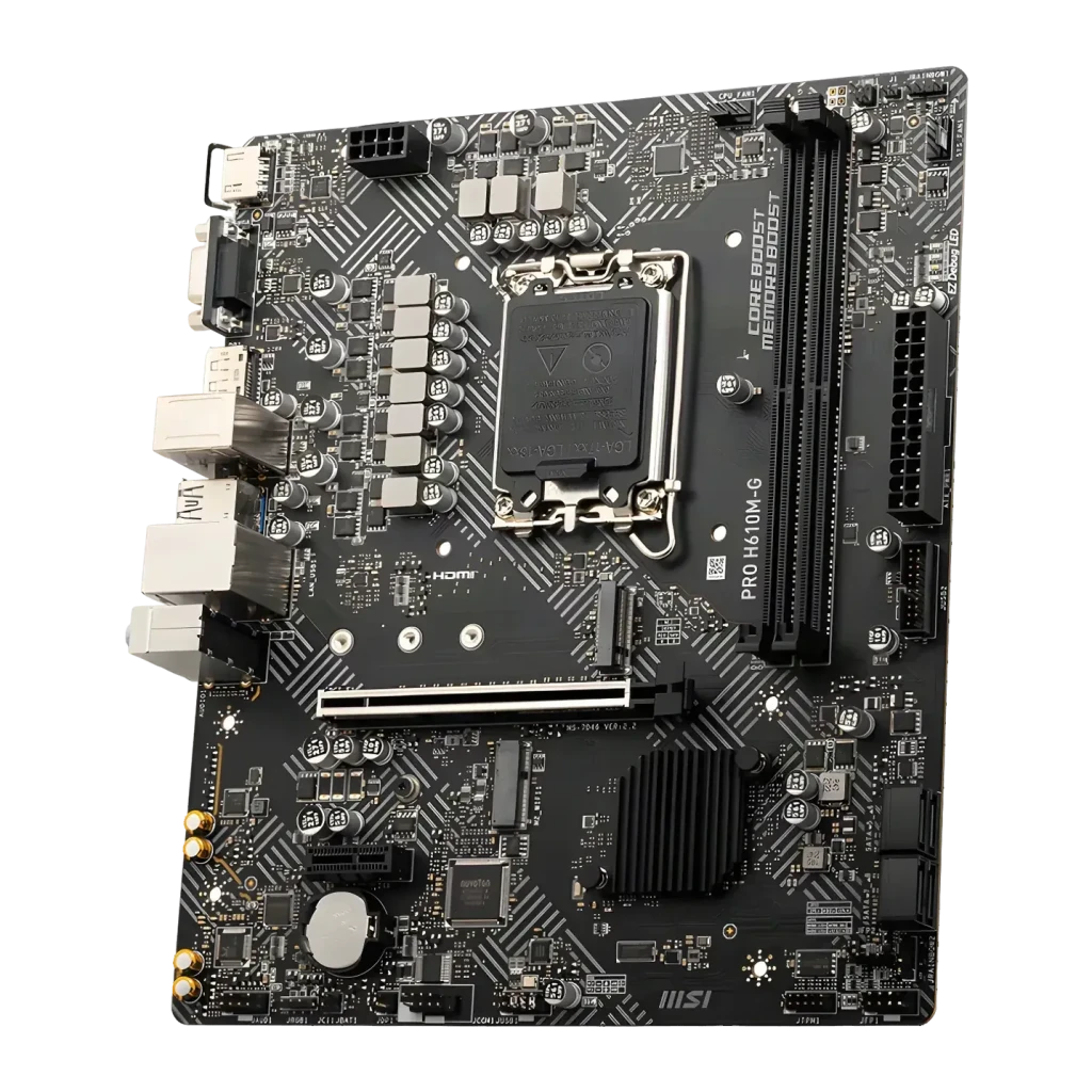 Placa base MSI PRO H610M-G DDR5 Intel H610 LGA1700 mATX Negro, vista angular: socket LGA1700, ranuras DDR5 y chipset visibles